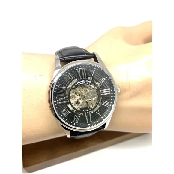 Stuhrling Mens Watch 3942 Automatic Skeleton Dial Silver Black Leather Band 42mm